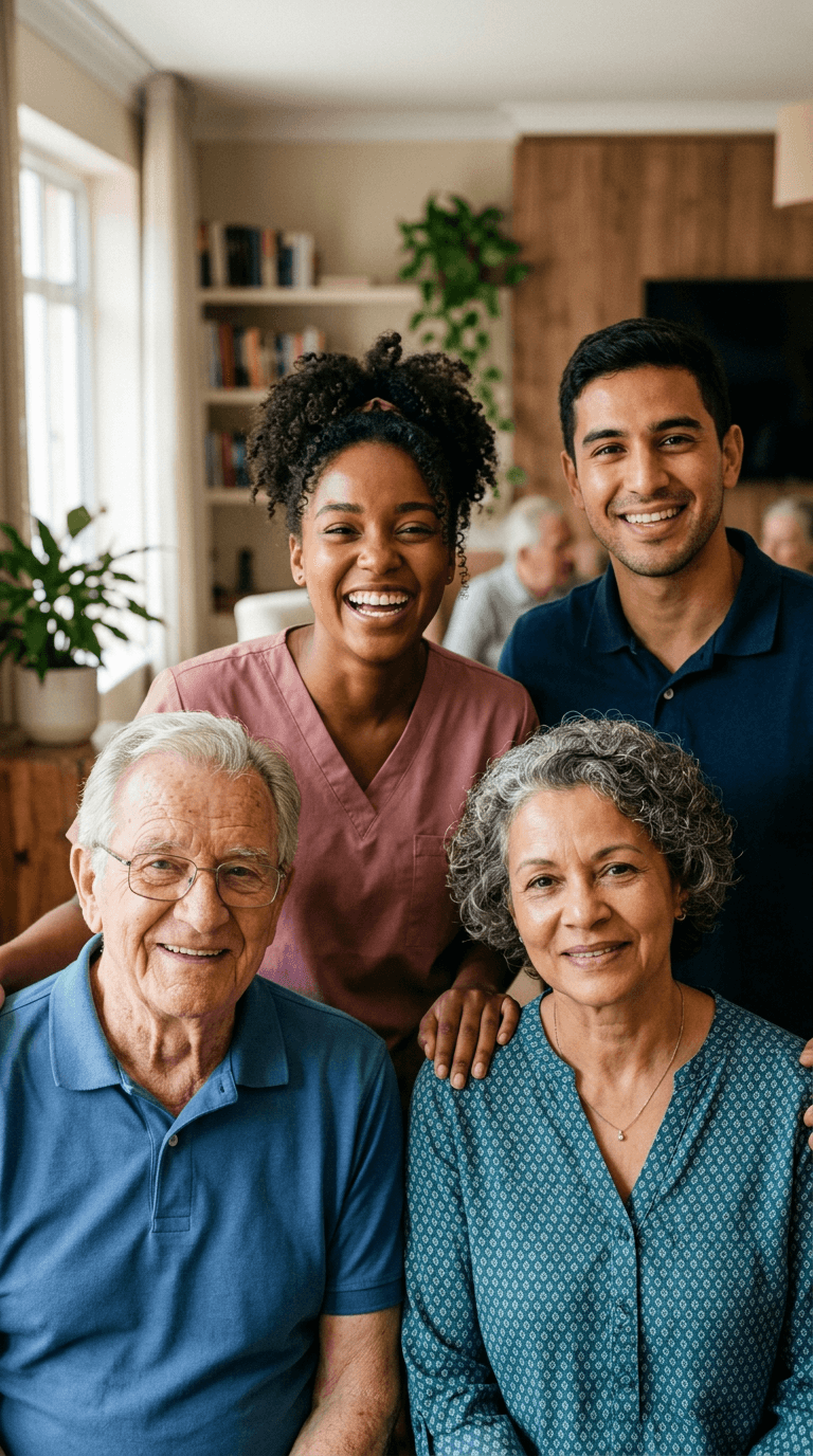 A SpecialCarer team standing with an elderly couple at home